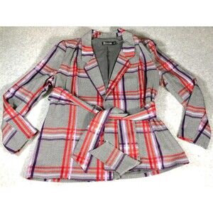 7th Avenue Design Studio Blazer M Red Plaid Belt Stretch Open Front Notch Jacket